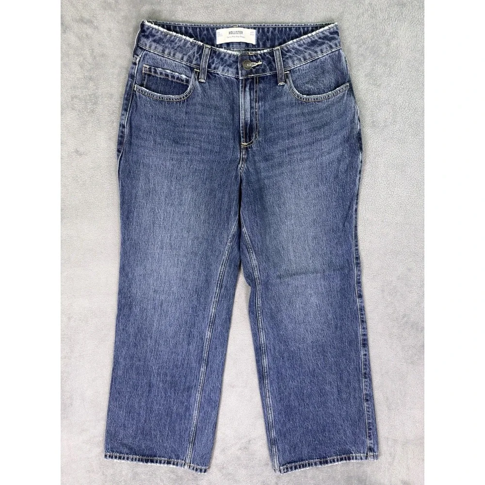 Hollister Jeans Womens 4 Short Blue Medium Wash Curvy Mid Rise Baggy Wide Leg